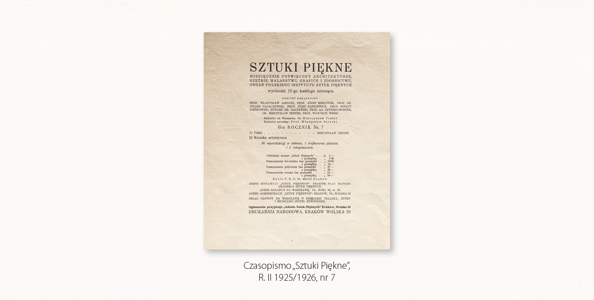 Karta ze stopką wydawniczą czasopisma „Sztuki Piękne”, R. II 1925/1926, nr 7